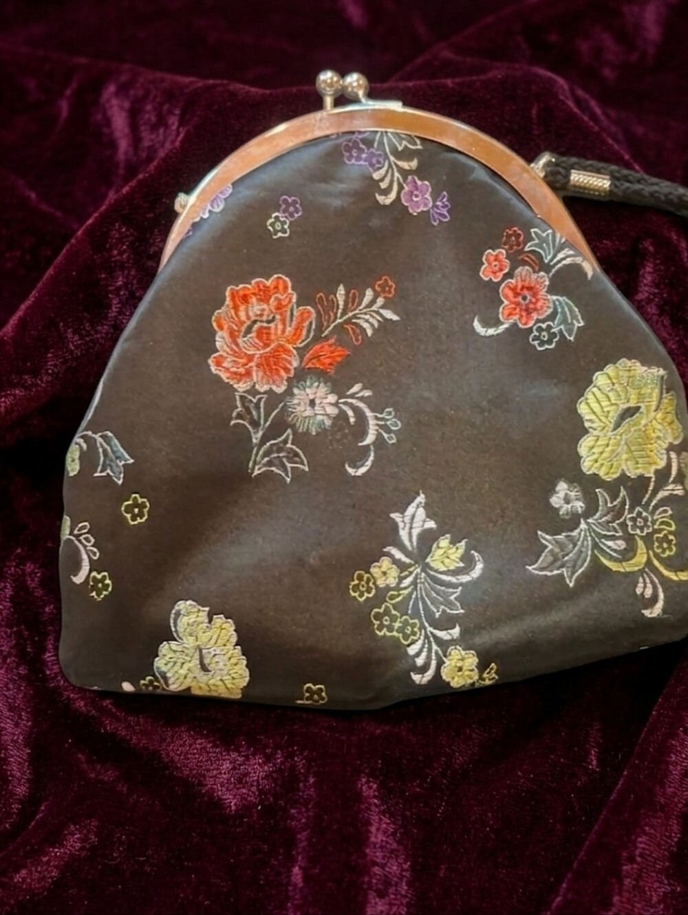 Black Floral Embroidered Frame Wristlet Clutch with Multicolor Blooms